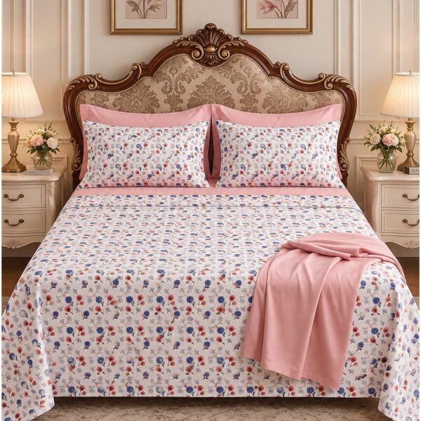 3-Piece King Size Flat Bed Sheet Set - 150 GSM Soft Microfiber Bedding with Charming Red & Blue Floral Bud Print, Includes 1 Flat Sheet (270x250 CM) & 2 Pillowcases (50x75 CM)
