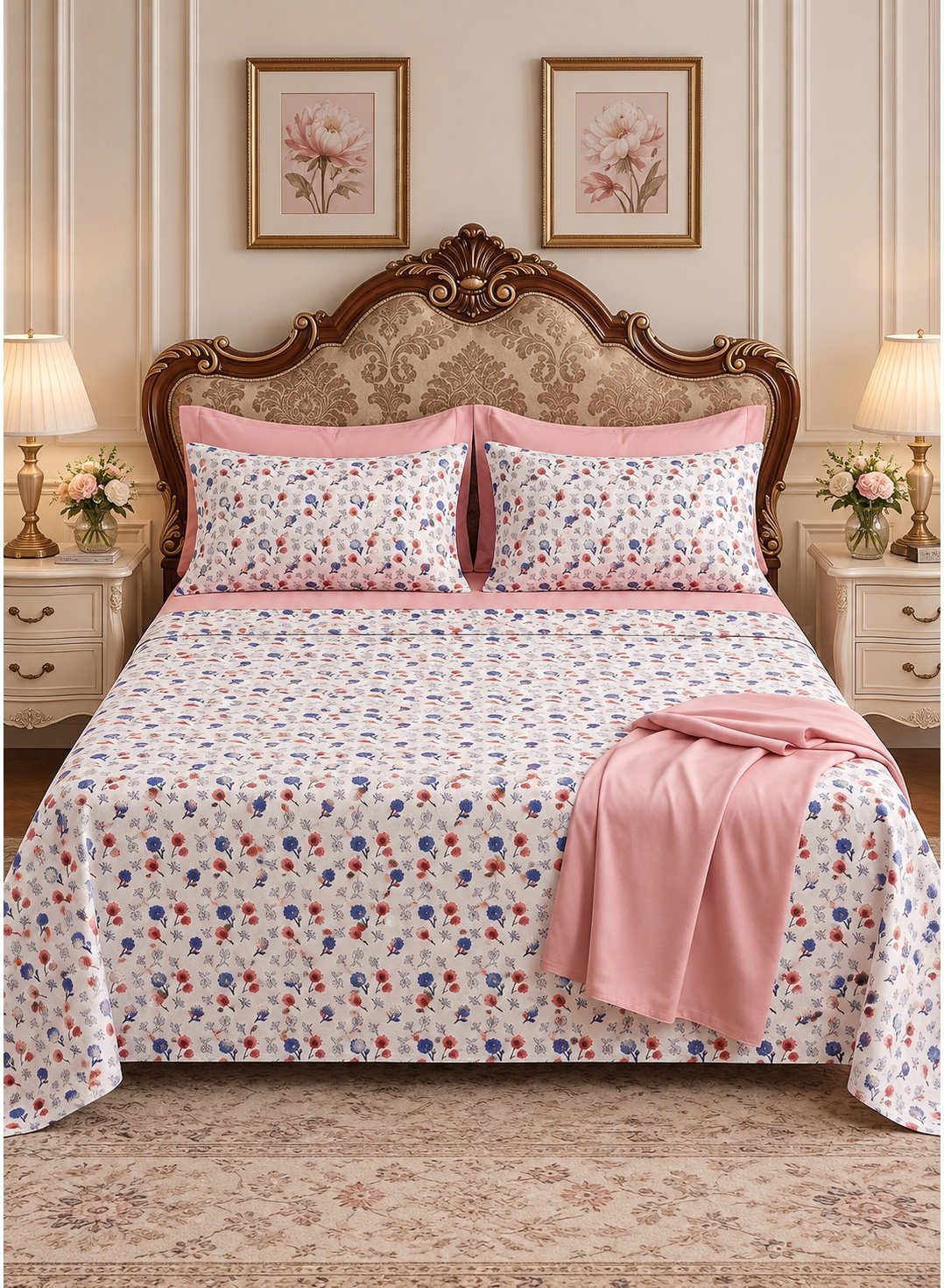 f94da6b5-6296-4a06-994d-a64543b25be0.jpeg 3-Piece King Size Flat Bed Sheet Set - 150 GSM Soft Microfiber Bedding with Charming Red & Blue Floral Bud Print, Includes 1 Flat Sheet (270x250 CM) & 2 Pillowcases (50x75 CM) - Image 1