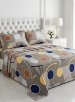 Ever Home Modern Abstract Geometric Circle Pattern Grey & Multi King Flat Bed Sheet Set, Luxury 125 GSM Soft Breathable Fabric, Designer Bedding with 2 Pillowcases, 270x240 CM