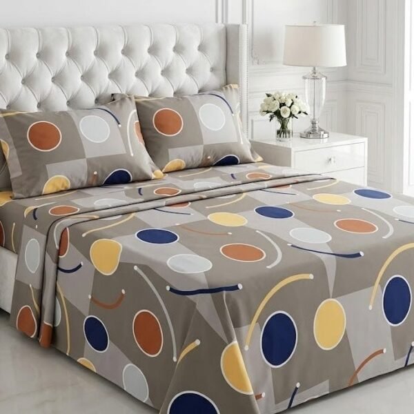 Ever Home Modern Abstract Geometric Circle Pattern Grey & Multi King Flat Bed Sheet Set, Luxury 125 GSM Soft Breathable Fabric, Designer Bedding with 2 Pillowcases, 270x240 CM