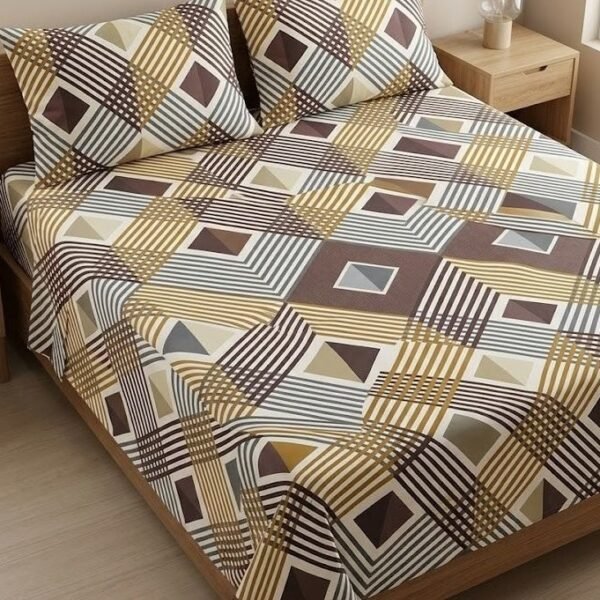 Ever Home Modern Geometric Striped Brown & Beige King Flat Bed Sheet Set, Luxury 125 GSM Soft Breathable Fabric, Designer Bedding with 2 Pillowcases, 270x240 CM