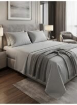Elegant Hotel-Style King Flat Bed Sheet - Soft Fabric with 300 TC Feel & 1cm Satin Stripes in Rich Royal Grey, 280x270 CM Set (Light Gray, King) - Image 2