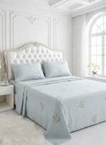 3-Piece King Size Bed Sheet Set - 150 GSM Premium Microfiber Bedding with Minimalist Botanical Floral Print on Light Blue, Includes 1 Flat Sheet (270x250 CM) & 2 Matching Pillowcases (50x75 CM)