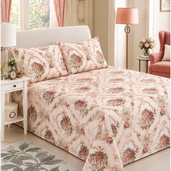 3-Piece King Size Bed Sheet Set - 150 GSM Premium Microfiber Bedding with Vintage Rose Damask Floral Print, Includes 1 Flat Sheet (270x250 CM) & 2 Matching Pillowcases (50x75 CM)
